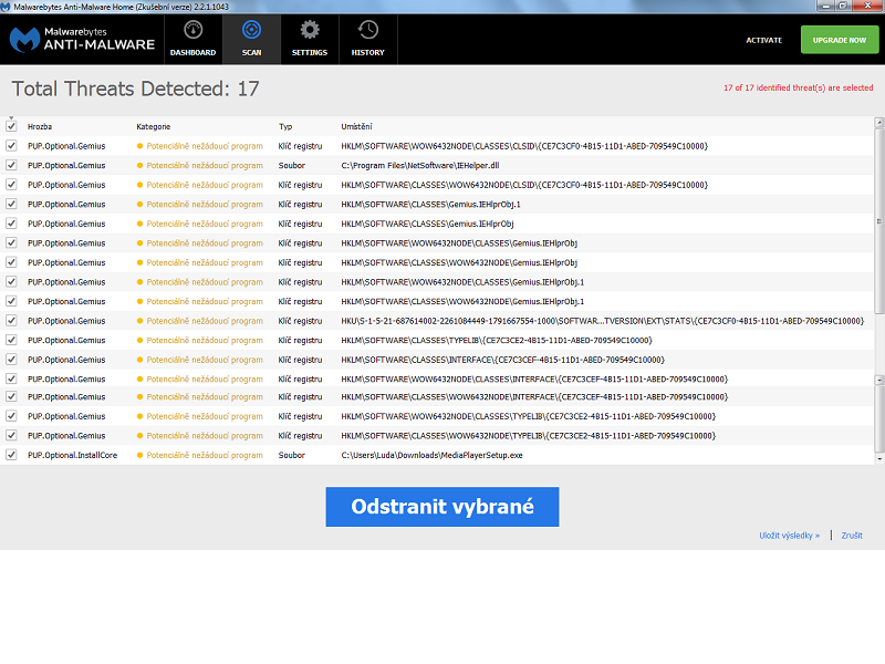 Screen výsledků mbam.