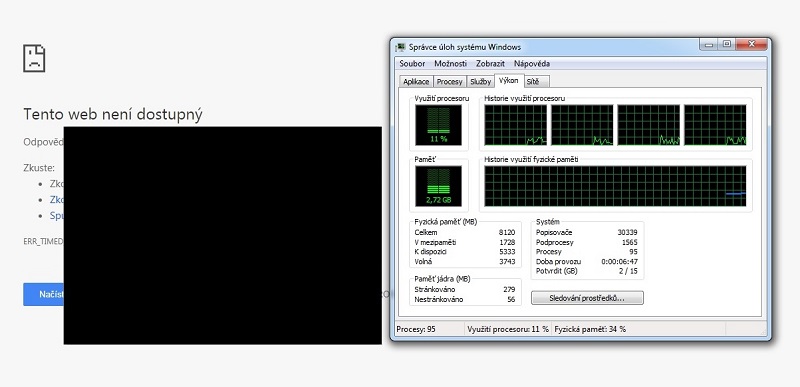 Při pokusu o pouhé načtení stránky, která se ani nenačetla, přestal odpovídat steam. Pro ukázku přikládám screen výkonu počítače, který se na toto chování nezdá být přetížený