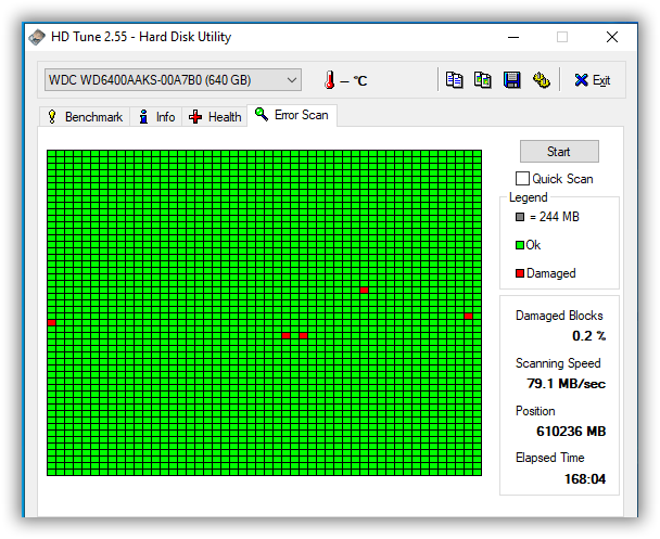 HD tune error scan test,komplt dokončení na vadne sektory.png